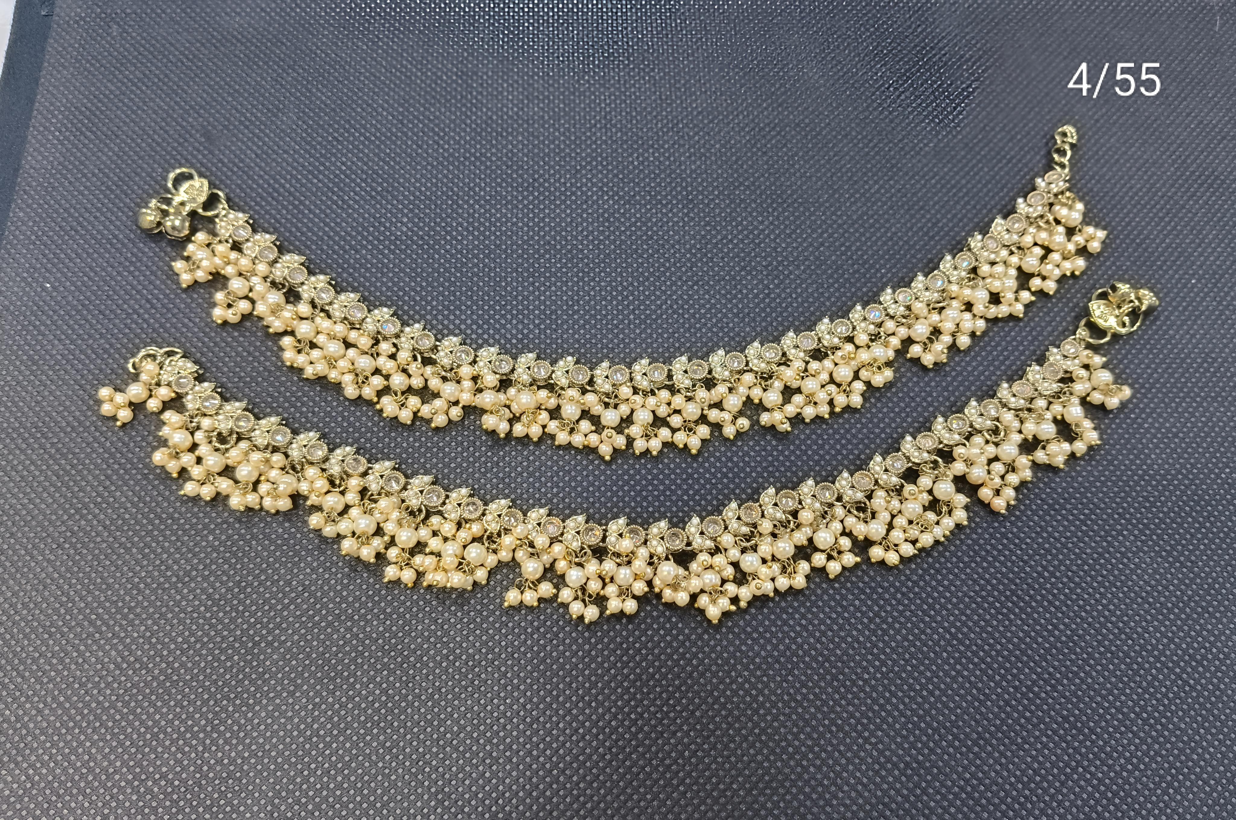 Traditional Pearl Cluster Anklet Set with Floral Stone Design – Bridal & Festive Wear